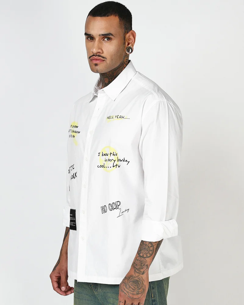 بيواكوف Men's Bright White Typography Oversized Shirt